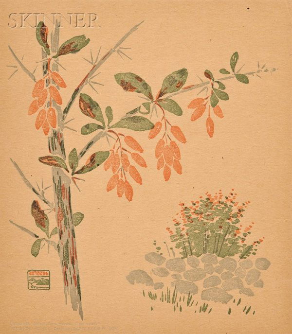 Arthur Wesley Dow (American, 1857-1922) Barberries: Arthur Wesley Dow (American, 1857-1922) Barberries Sketch from Nature, from IPSWICH PRINTS, 1902. Monogrammed and identified in the matrix. Lithograph in three colors on paper, i