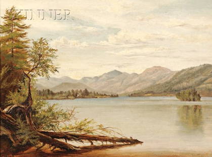 Attributed to Richard William Hubbard (American, 1: Attributed to Richard William Hubbard (American, 1816-1888) Landscape with Lake and Distant Mountains, Possibly Lake George Unsigned, inscribed "from Hubbard/ 1876." in a period hand on the reverse. O