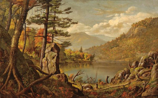 Levi Wells Prentice (American, 1851-1935) View of: Levi Wells Prentice (American, 1851-1935) View of the Adirondacks Signed and dated "L. W. Prentice 1877" l.r., identified on a label from Vose Galleries, Boston, on the reverse. Oil on canvas mounted