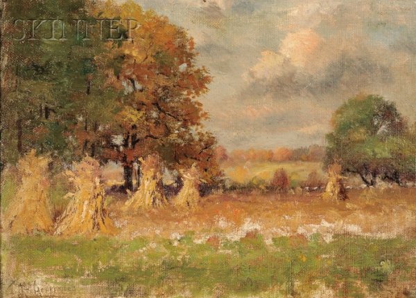 Joseph H. Greenwood (American, 1857-1927) Haystack: Joseph H. Greenwood (American, 1857-1927) Haystacks Faintly signed "J H Greenwood" l.l. Oil on canvas, 10 x 13 7/8 in. (25.4 x 35.2 cm), framed. Condition: Skinning/surface rubs, retouch.