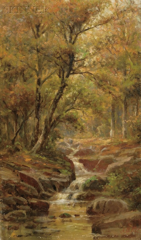 Jonathan Bradley Morse (American, 1834-1898) Woodl: Jonathan Bradley Morse (American, 1834-1898) Woodland Stream Signed "J. B. Morse" l.r., artist identified in a pencil inscription, in a later hand on the stretcher. Oil on canvas, 22 x 13 1/2 in. (55.