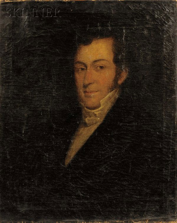 Thomas Sully (American, 1783-1872) Portrait of a G: Thomas Sully (American, 1783-1872) Portrait of a Gentleman, c. 1825-30 Monogrammed "TS" l.r. Oil on canvas, 29 x 23 3/8 in. (73.7 x 59.3 cm), unframed. Condition: Paint loss, surface grime, s