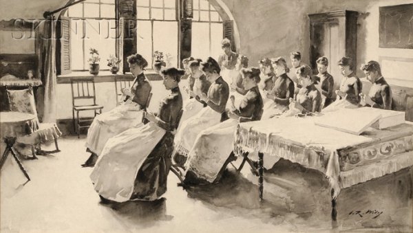 Irving Ramsey Wiles (American, 1861-1948) The Sewi: Irving Ramsey Wiles (American, 1861-1948) The Sewing Lesson Signed "I.R.Wiles" l.r. Watercolor (en grisaille) and graphite on paper/board, 13 x 21 1/2 in. (33.0 x 54.6 cm), framed. Condition: Glued in