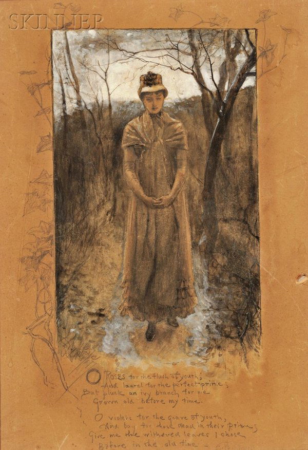 Edwin Austin Abbey (Anglo/American, 1852-1911) You: Edwin Austin Abbey (Anglo/American, 1852-1911) Young Lady Walking in the Woods, an Illustration for Song: O Roses for the Flush of Youth by Christina Georgina Rossetti Signed and d