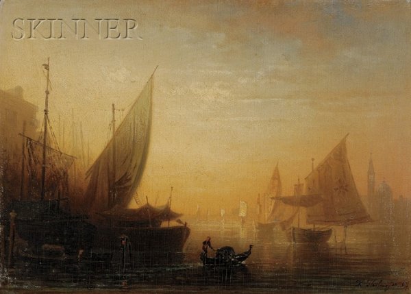Karl Heilmayer (German, 1829-1908) View of Venice : Karl Heilmayer (German, 1829-1908) View of Venice at Sundown Signed and dated "Karl Heilmayer '67" l.r. Oil on cradled panel, 6 7/8 x 9 3/8 in. (17.5 x 23.8 cm), within a frame liner. Condition: Surfa
