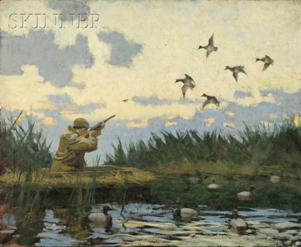 American School, 20th Century Duck Hunting on the : American School, 20th Century Duck Hunting on the Marsh Unsigned, stamped "BAY STATE STRETCHER/-MADE BY-/WADSWORTH HOWLAND & Co. Inc./ BOSTON-MASS." on the stretchers. Oil on canvas, 22 1/8 x 27 in. (