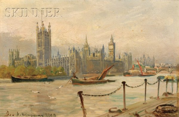 George H. Wimpenny (British, 19/20th Century) View: George H. Wimpenny (British, 19/20th Century) View of the River Thames and Westminster Abbey Signed and dated "Geo. H. Wimpenny 1908" l.l. Oil on canvasboard mounted to panel, 8 1/4 x 12 1/4 in. (21.0