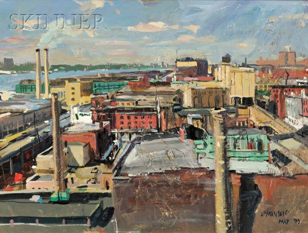 John Paul Manship (American, 1927-2000) West Villa: John Paul Manship (American, 1927-2000) West Village Roofs Signed and dated "JPMANSHIP/ MAY '70" l.r., identified on a label from Quarry Gallery, Gloucester, Massachusetts, affixed to the stre