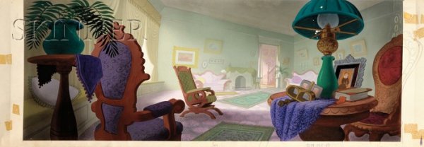 Claude Dixon Coats (American, 1913-1992) Backgroun: Claude Dixon Coats (American, 1913-1992) Background Scene for Walt Disney's Lady and the Tramp Unsigned, production marks in the margins. Gouache and graphite on paper, sheet size 12 x 40 in.