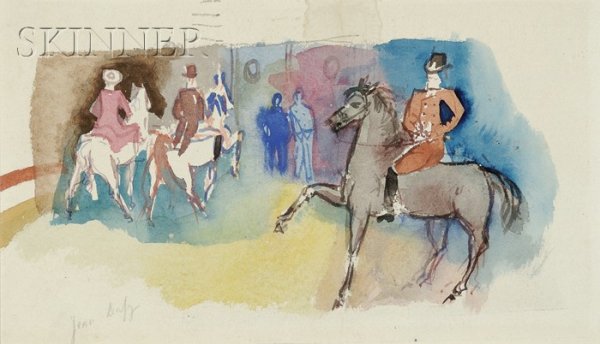 Jean Dufy (French, 1888-1964) Les Cavaliers, 1945 : Jean Dufy (French, 1888-1964) Les Cavaliers, 1945 Bears signature "Jean Dufy" in pencil l.l., identified on a label from Carel Gallery , Miami Beach, Florida, on the backing. Gouache, wat