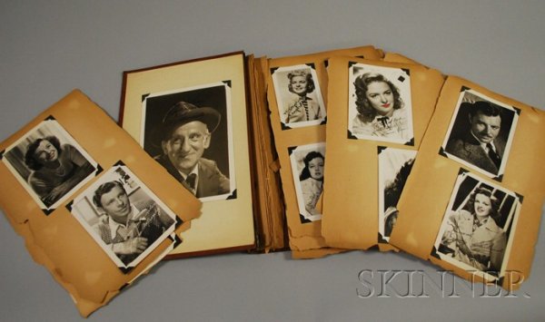 1940s Movie Star Publicity Photo Scrapbook, approx: 1940s Movie Star Publicity Photo Scrapbook, approximately sixty-two, including Durante, Gable, Hutton, Garland, Hepburn, Ladd, Johnson, Elizabeth Taylor, Donna Reed, Lena Horne, Gloria De Haven, Gene 