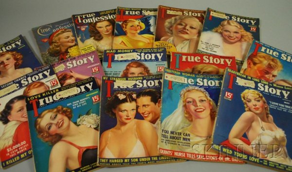 Fifteen 1930s and 1940s Tabloid and Movie Star Mag: Fifteen 1930s and 1940s Tabloid and Movie Star Magazines, including 1935-1938 True Story, with cover illustrations by Zoe Mozert, Victor Tchetchet, Alexander Redmond, stars Ida Lupino, Heather Angel,
