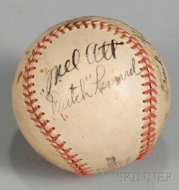 Mel Ott, (E.) "Dutch" Leonard, Frank Frisch, and B: Mel Ott, (E.) "Dutch" Leonard, Frank Frisch, and Bucky Walters Autographed Baseball, c. 1944, with "J. Roy Stockton, St. Louis Post Dispatch," in black ink, on a "Special Services U.S. Army, Official 