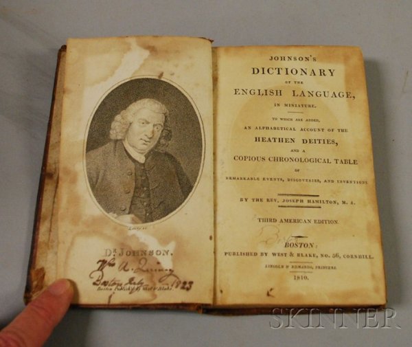 Rev. Joseph Hamilton, Johnson's Dictionary of the : Rev. Joseph Hamilton, Johnson's Dictionary of the English Language, third American edition, Boston: West & Blake, 1810, leather-bound.