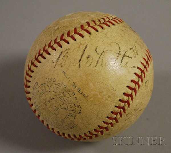 Babe Ruth and Lou Gehrig Autographed Baseball, c.: Babe Ruth and Lou Gehrig Autographed Baseball, c. 1930, in black ink, with other worn signatures, stamped "American League..."