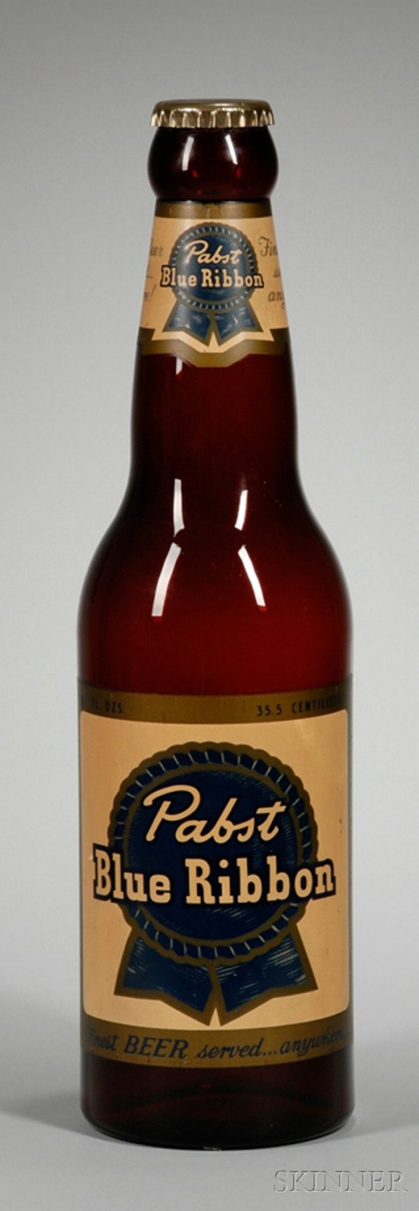 Pabst Blue Ribbon Beer Advertising Display Bottle,: Pabst Blue Ribbon Beer Advertising Display Bottle, mid-20th century, metal cap and labeled molded amber glass, ht. 30, dia. 8 in.