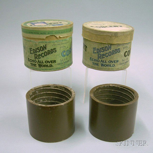 Two Edison Brown Wax Concert Phonograph Cylinders,: Two Edison Brown Wax Concert Phonograph Cylinders, in cartons, one labeled on lid as 547 "Homage to the Ladies Waltz" and on slip inside as B43 "Commodore Polka", (some mildew, untested).