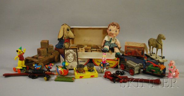 Group of Toys, including a Louis Marx "Midget Clim: Group of Toys, including a Louis Marx "Midget Climbing Tractor" in original box, a partial wooden construction toy, a Popeye coloring box, two Fisher Price puppet toys, puzzles, marbles, etc.