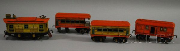 American Flyer Partial Train Set, Chicago, Illinoi: American Flyer Partial Train Set, Chicago, Illinois, comprised of a locomotive, a postal car, a "Lexington" passenger car, and a "Paul Revere" passenger car, electric bulbs in passenger cars.