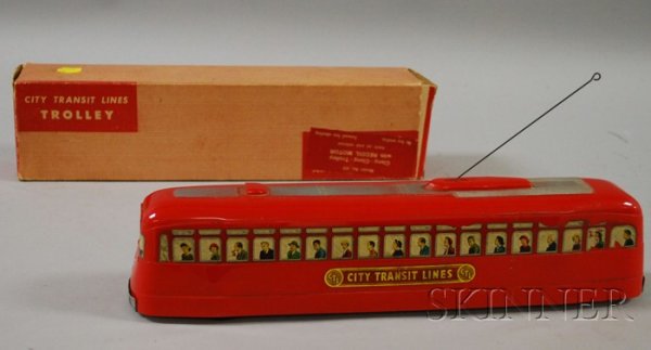 Lincoln Line Inc., Clang Clang Trolley with Origin: Lincoln Line Inc., Clang Clang Trolley with Original Box, America, model number 45, non-key wound, lg. 14 in.