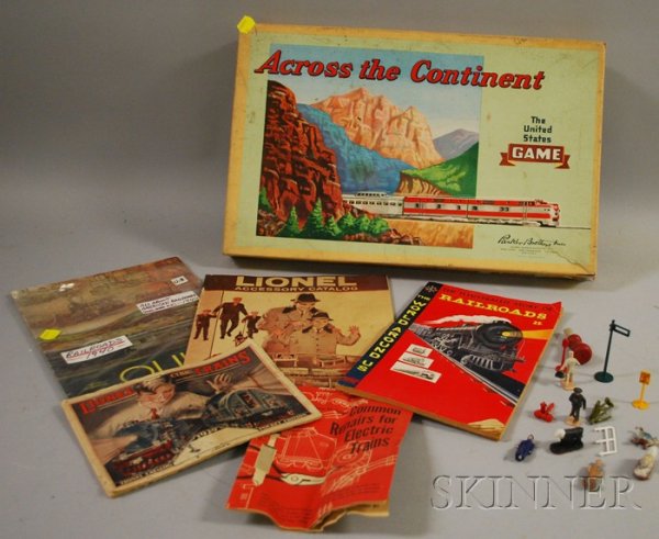 Group of Train Related Toys and Ephemera, includin: Group of Train Related Toys and Ephemera, including a "Across the Continent" Parkers Brothers board game, a Lionel Accessories catalog early 1960's, a 1929 Lionel Trains Catalog, etc.