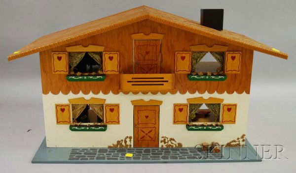 FAO Schwarz Swiss Dollhouse and Accessories, c. ea: FAO Schwarz Swiss Dollhouse and Accessories, c. early 1960s, includes floral bench, a painted four-poster bed, a step-back cupboard, a painted two-drawer bureau, a painted armoire, tables, chests, sma