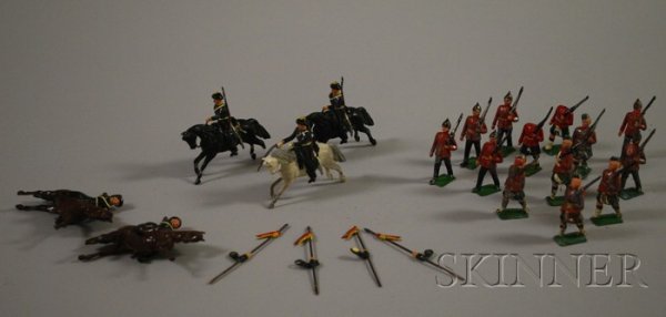 Sixteen Painted Lead Soldiers, eleven Britains Ltd: Sixteen Painted Lead Soldiers, eleven Britains Ltd. characters, five galloping horsemen and six men walking, and seven Scottish characters.