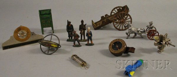 Group of Decorative Metal Toy Articles, comprising: Group of Decorative Metal Toy Articles, comprising a green-painted still-bank, cast-iron harness racer, four soldiers and a cart; level, Stanley clamp, gyroscope, compass, and lighter.