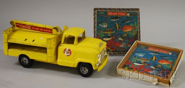 Buddy L Metal Cola-Cola Truck and "Fish Game Puzzl: Buddy L Metal Cola-Cola Truck and "Fish Game Puzzle" c. 1940s, truck, lg 14 1/2 in.