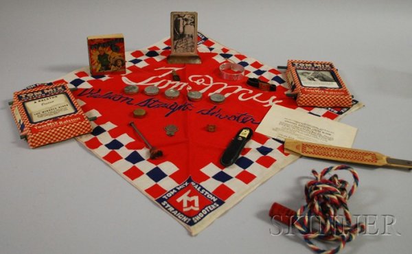 Tom Mix Children's Toys, including a make-up kit, : Tom Mix Children's Toys, including a make-up kit, paper Western movies, and handkerchiefs.