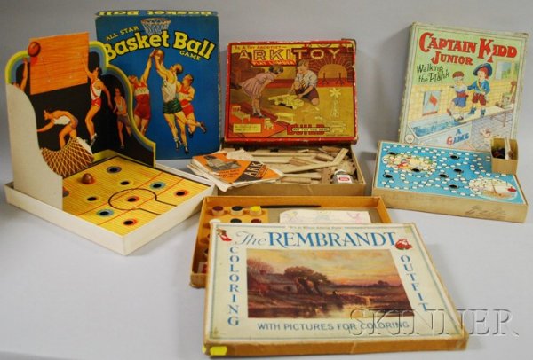 Four Toy Games, c. early to mid-20th century, a Ca: Four Toy Games, c. early to mid-20th century, a Captain Kidd Junior Parkers Brothers board game, a Whitman All Star Basket Ball game by Whitman Publishing, Co., a Hillman Rembrandt paint set, and an A