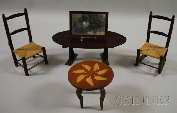 Five Pieces of Miniature Furniture, one three slat: Five Pieces of Miniature Furniture, one three-slat ladder back chair, one three-slat ladder back rocking chair, a table mirror, around side table with decorated top, and a Litchfield & Holbrook oval t