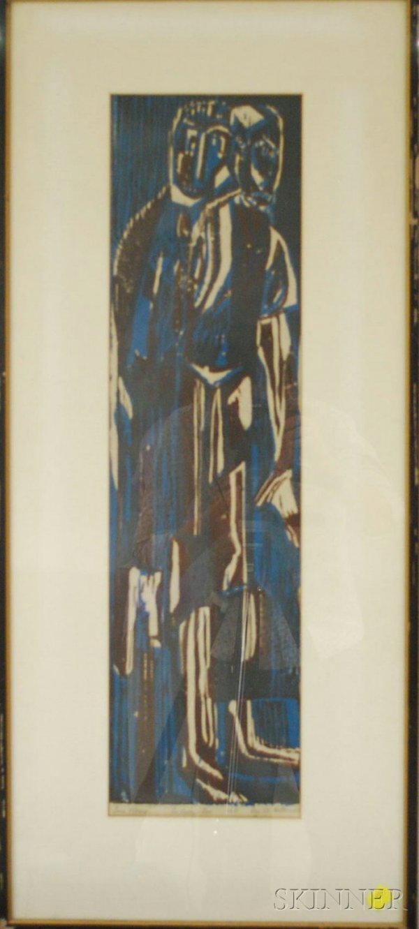 Framed 20th Century American Woodblock Print, titl: Framed 20th Century American Woodblock Print, titled, dedicated, numbered, dated and signed "Two Figures For Bobby + Doc A.P. Dec. '57 Helaine..." l.l., l.c., and l.r.