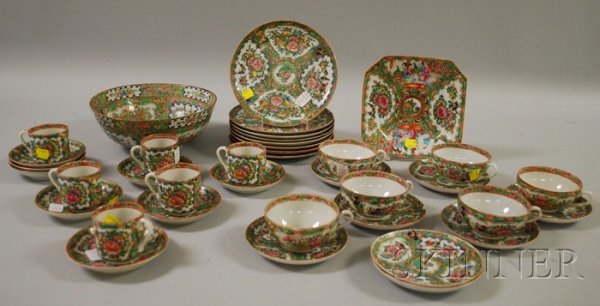 Thirty-four Pieces of Chinese Export Porcelain Ros: Thirty-four Pieces of Chinese Export Porcelain Rose Medallion Tableware, including eight plates, a dish, bowl, twelve cups, and sixteen saucers.