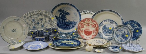 Approximately Thirty-eight Pieces of Assorted Tran: Approximately Thirty-eight Pieces of Assorted Transfer Decorated Ceramic and Staffordshire Tableware, including blue and white, red and white, platters, plates, dishes, and cups, Japanese, etc.