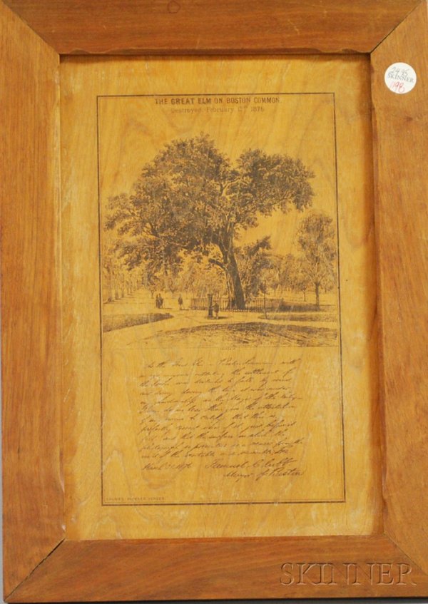 "The Great Elm of Boston Common" Commemorative Pri: "The Great Elm of Boston Common" Commemorative Printed Wooden Plaque, after L. Prang, 16 3/4 x 11 3/4 in.