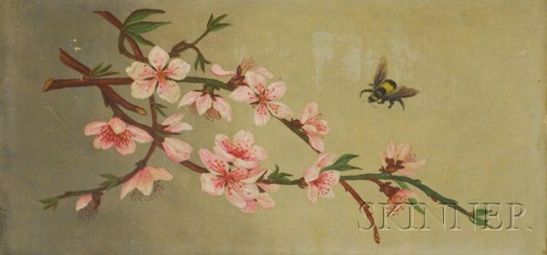 Unframed Oil on Canvas of Bee with Blossoms, signe: Unframed Oil on Canvas of Bee with Blossoms, signed "J.S. Cromwell" l.r., 6 x 12 in., (surface grime, minor losses).