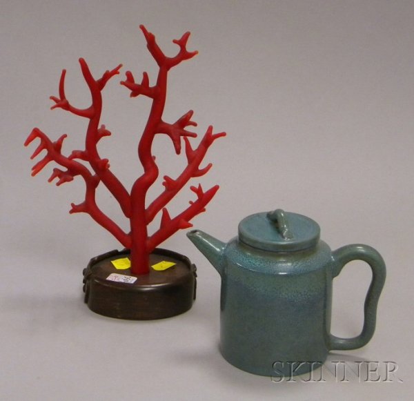 Chinese Robin's Egg Blue Glazed Redware Teapot and: Chinese Robin's Egg Blue Glazed Redware Teapot and an Asian Red Art Glass Coral-form Sculpture in Hardwood Base, sculpture ht. 9 7/8 in.