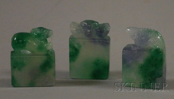 Three Small Jade Stamps, of mottled green and lave: Three Small Jade Stamps, of mottled green and lavender color, with carved figures of a ram, crab, and lizard, ht. 1 3/4 in.