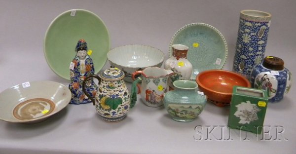 Thirteen Pieces of Assorted Asian Decorated Porce: Thirteen Pieces of Assorted Asian Decorated Porcelain, including vases, a figure, bowls, tableware, and celadon glazed.