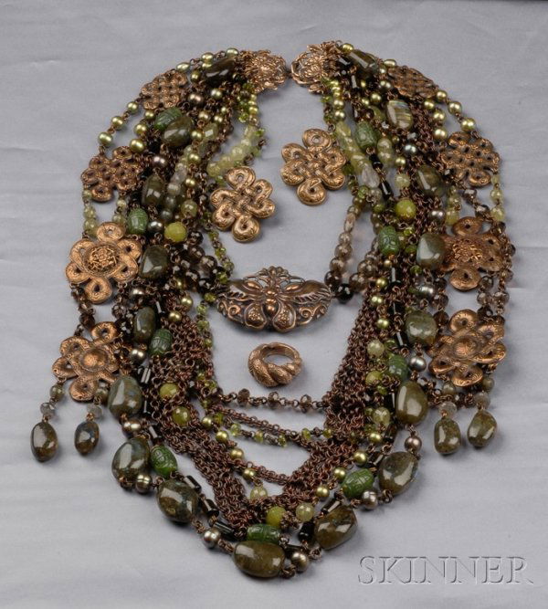 Vintage Hardstone Suite, Stephen Dweck, the necklace: Vintage Hardstone Suite, Stephen Dweck, the necklace of ropes of tumbled green labradorite beads, nephrite barrels, smoky quartz, green chrysoberyl, peridot faceted beads and colored cultured pearls,