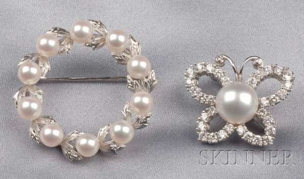 Two Cultured Pearl Pins, an 18kt white gold, platin: Two Cultured Pearl Pins, an 18kt white gold, platinum, and diamond butterfly brooch, approx. total diamond wt. 1.28 cts., and a silver circle pin, latter with maker's mark for Mikimoto, lg. 1, 1 1/4 i