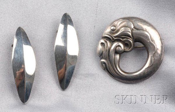 Two Danish Sterling Silver Jewelry Items, Georg Jen: Two Danish Sterling Silver Jewelry Items, Georg Jensen, Bent Knudsen, a fish brooch, no. 10, maker's mark GJ, dia. 1 1/4, and a pair of earclips, signed Bent K, lg. 1 3/8 in.