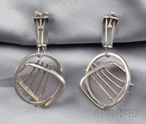 Sterling Silver Earpendants, Ed Wiener, each of abs: Sterling Silver Earpendants, Ed Wiener, each of abstract form with wirework design, lg. 2 in., signed.
