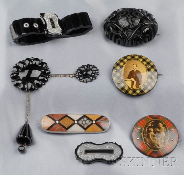 Group of Antique Jewelry Items, a silver and Scott: Group of Antique Jewelry Items, a silver and Scottish agate plaid bar pin, a "safety" brooch by H.S. Ellis of Exeter, signed, a pair of papier-mache tartan-wear pins, one with British Registry mark, a