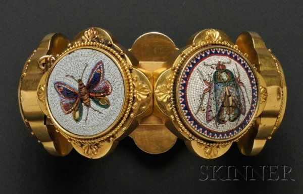 Antique Micromosaic Bracelet, the five micromosaic: Antique Micromosaic Bracelet, the five micromosaic panels depicting various insects and the lion of St. Mark, in beaded frames with foliate accents, gold mount, interior circ. 6 1/2 in.