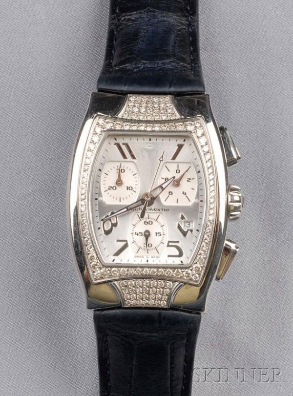 Stainless Steel and Diamond "Technomarine" Chronog: Stainless Steel and Diamond "Technomarine" Chronograph Wristwatch, the silver-tone dial with Arabic and abstract numeral indicators, 60 second, 30 minute and 1/10 of a second subsidiary dials and date