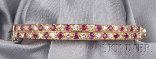 14kt Gold, Ruby, and Diamond Bracelet, the hinged: 14kt Gold, Ruby, and Diamond Bracelet, the hinged bangle set with a double row of circular-cut rubies and full-cut diamonds, approx. total diamond wt. cts., 12.5 dwt, interior circ. 6 1/2 in.