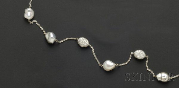 18kt White Gold, South Sea Keshi Pearl, and Diamon: 18kt White Gold, South Sea Keshi Pearl, and Diamond Necklace, Donna Vock, composed of gray and white keshi pearls weighing 11g, with two diamond "keshi" ornaments, total diamond wt. 4.29 cts., joined