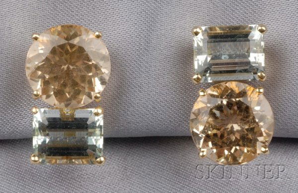 18kt Gold Green and Yellow Beryl Earclips, Donna V: 18kt Gold Green and Yellow Beryl Earclips, Donna Vock, set with circular and emerald-cut beryls, total wt. 18.20 cts., lg. 3/4 in., signed.